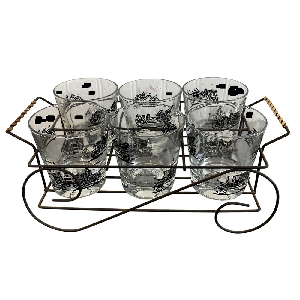 Vintage Libbey Lowball Whiskey Glasses Set w/Carriage Antique Car Images Barware